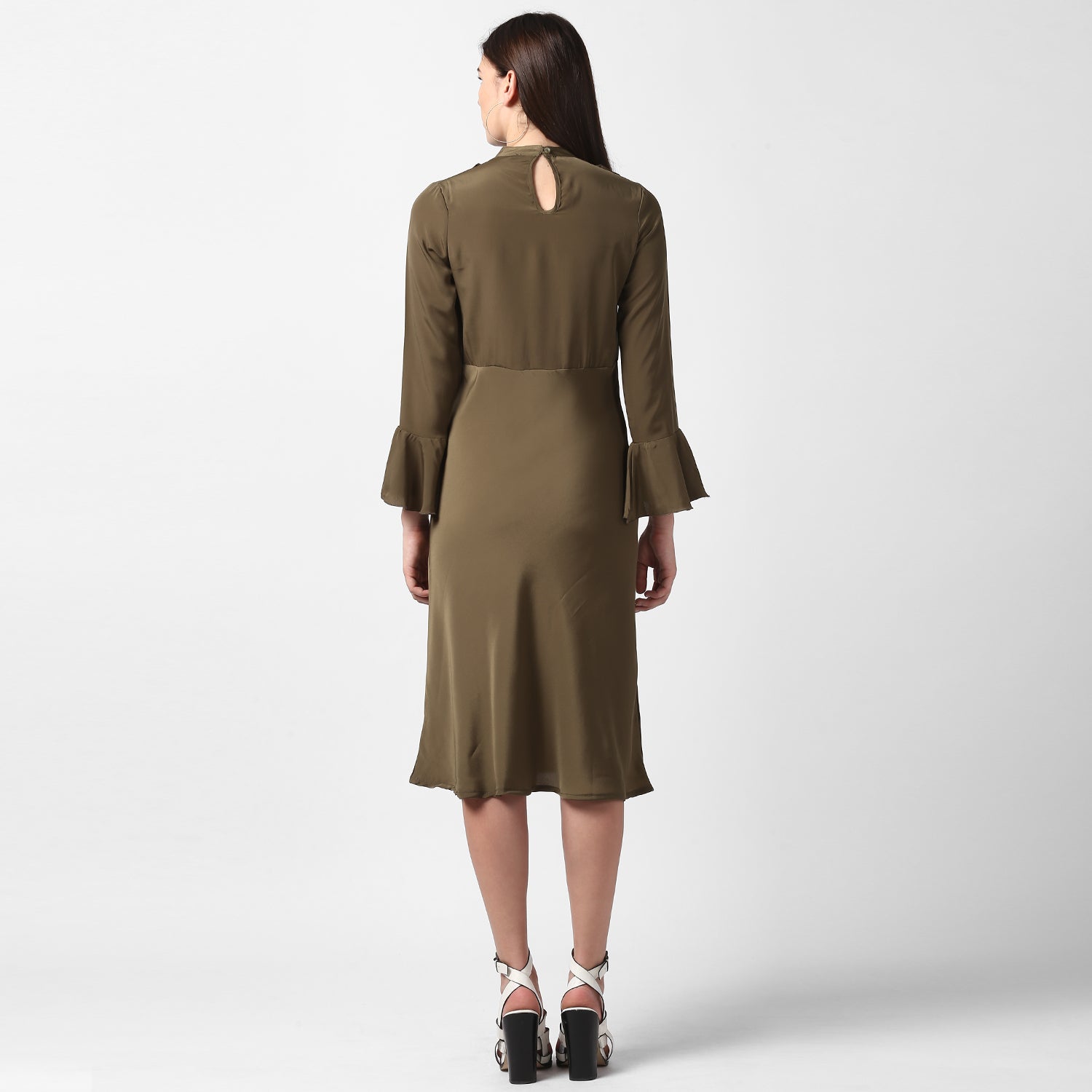 Women's Olive Front Ruffle Bell Sleeve Dress - StyleStone