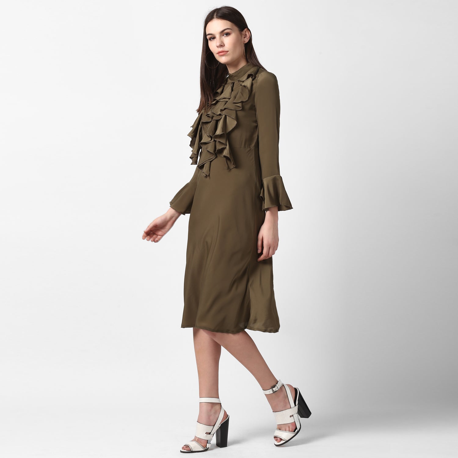 Women's Olive Front Ruffle Bell Sleeve Dress - StyleStone