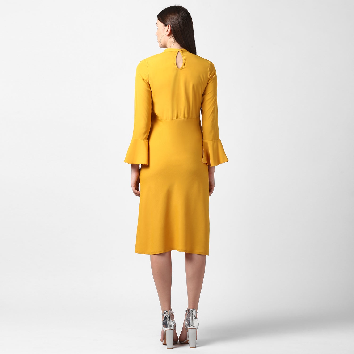 Women's Yellow Front Ruffle Bell Sleeve Dress - StyleStone