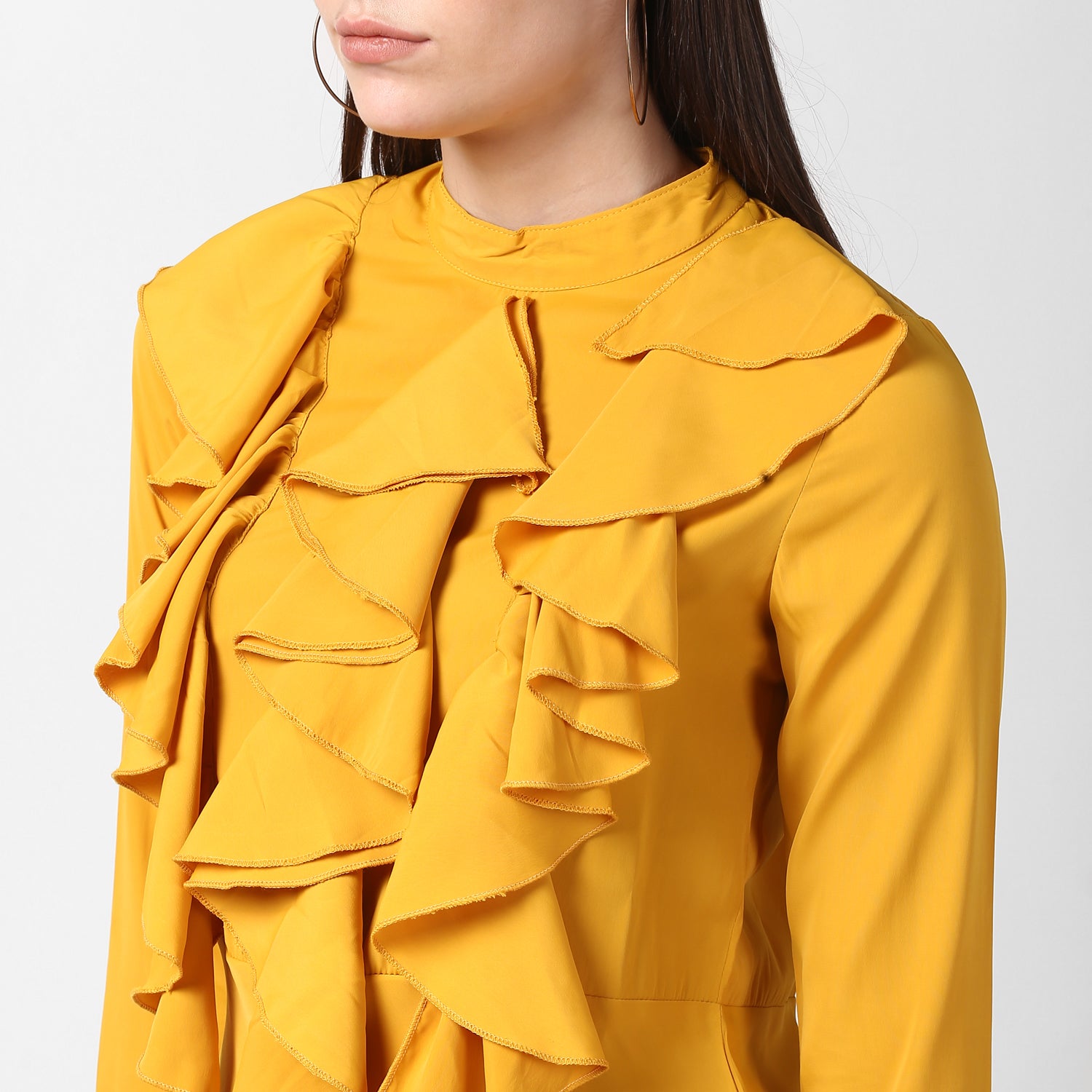 Women's Yellow Front Ruffle Bell Sleeve Dress - StyleStone