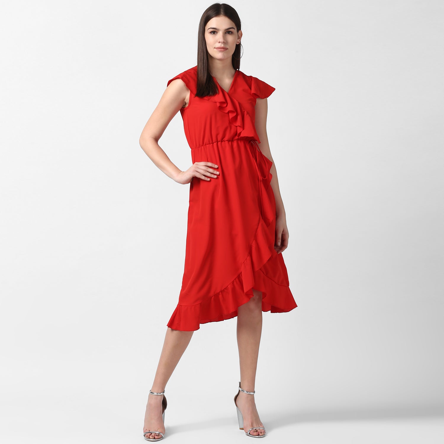 Women's Red Front Ruffle Dress - StyleStone