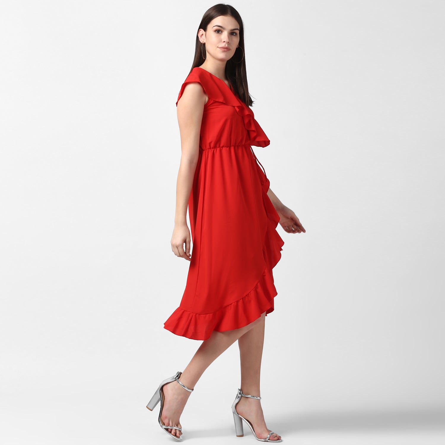 Women's Red Front Ruffle Dress - StyleStone