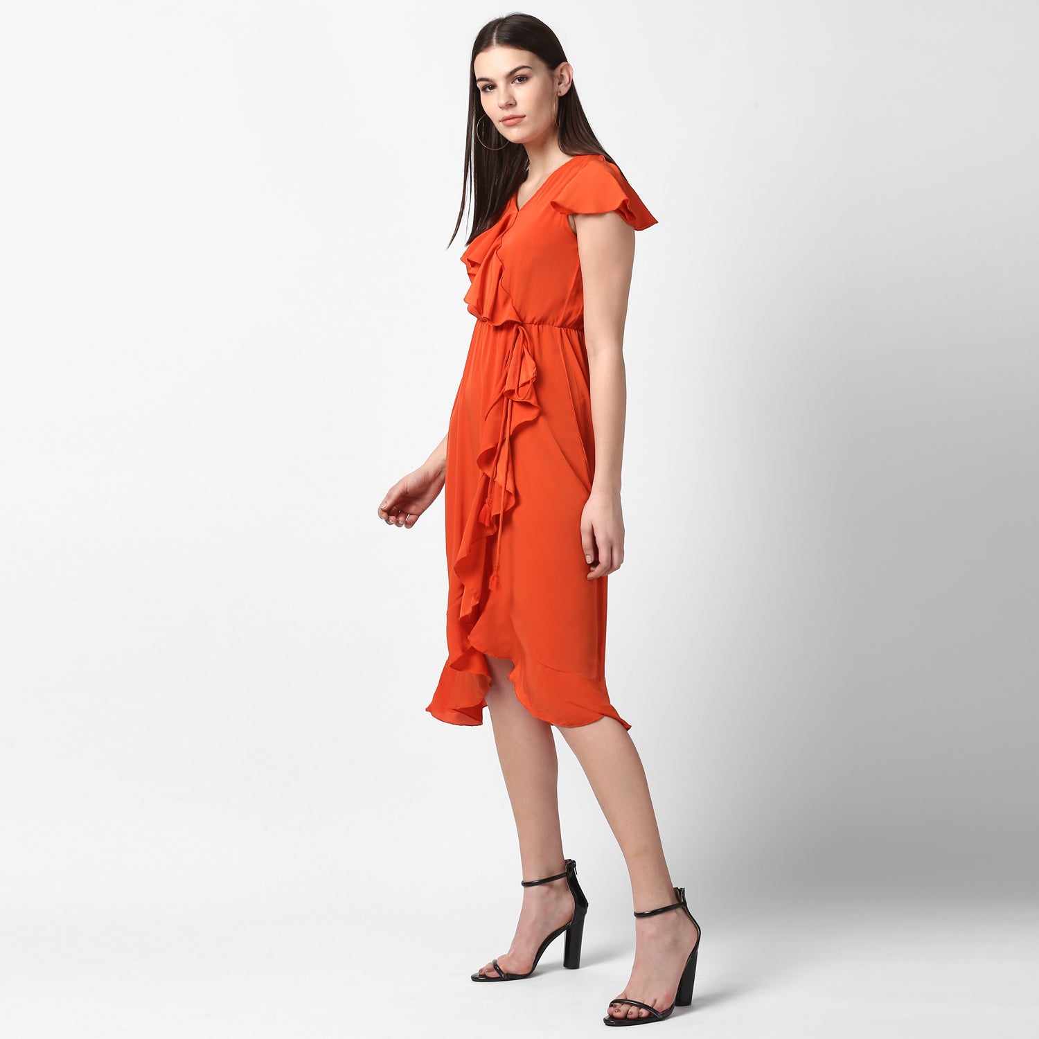 Women's Orange Front Ruffle Dress - StyleStone