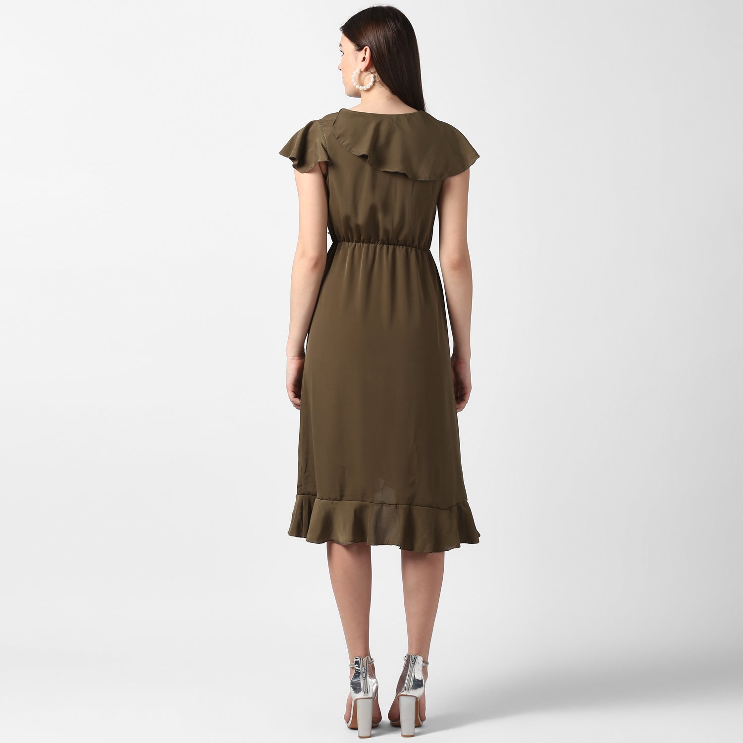 Women's Olive Front Ruffle Dress - StyleStone