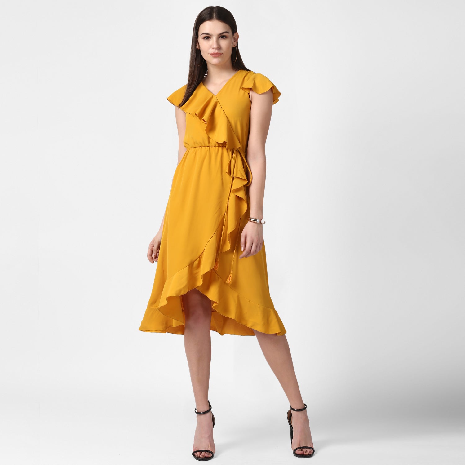 Women's Yellow Front Ruffle Dress - StyleStone
