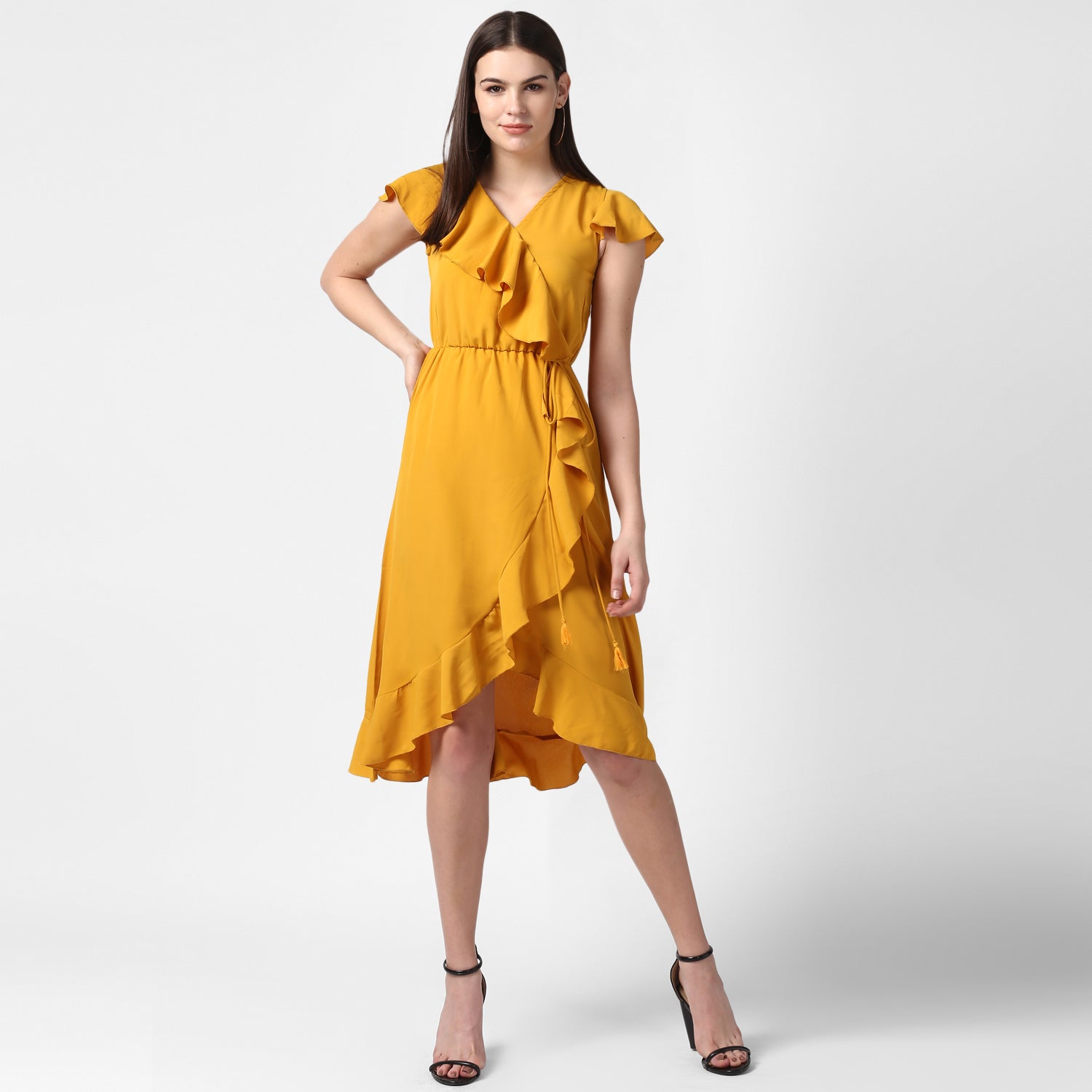 Women's Yellow Front Ruffle Dress - StyleStone