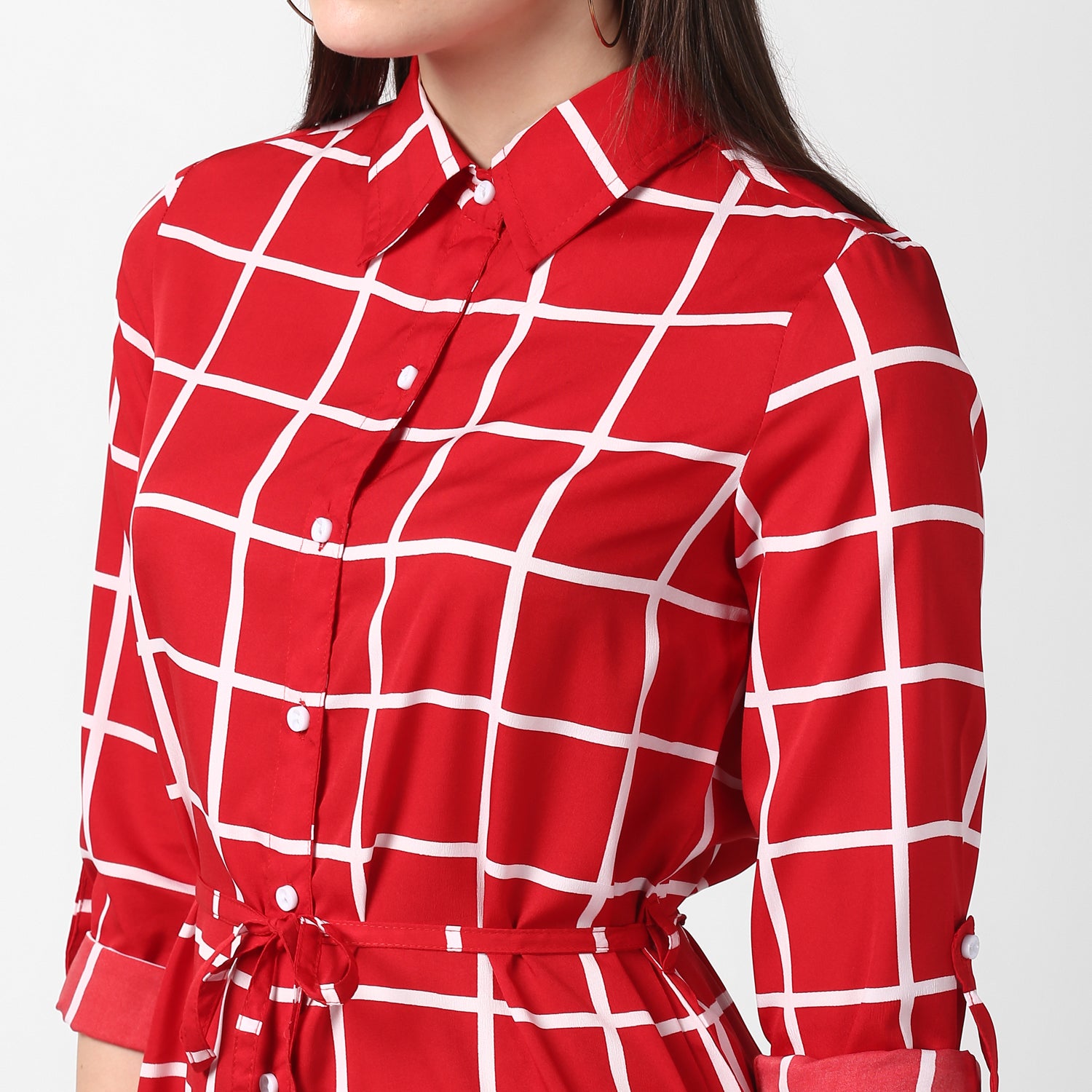 Women's Red and White Check Shirt Dress with Belt - StyleStone
