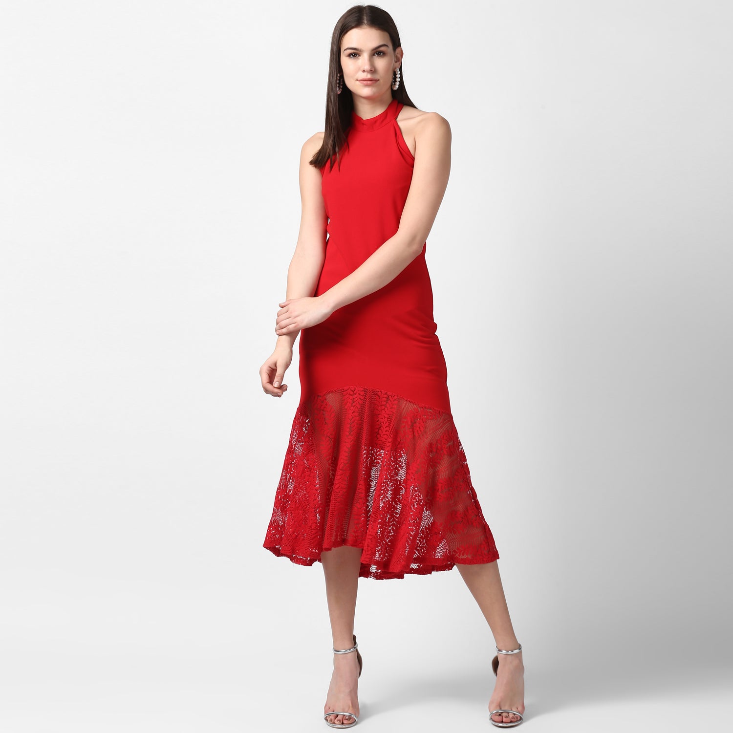 Women's Red Asymmetrical Lace Dress - StyleStone