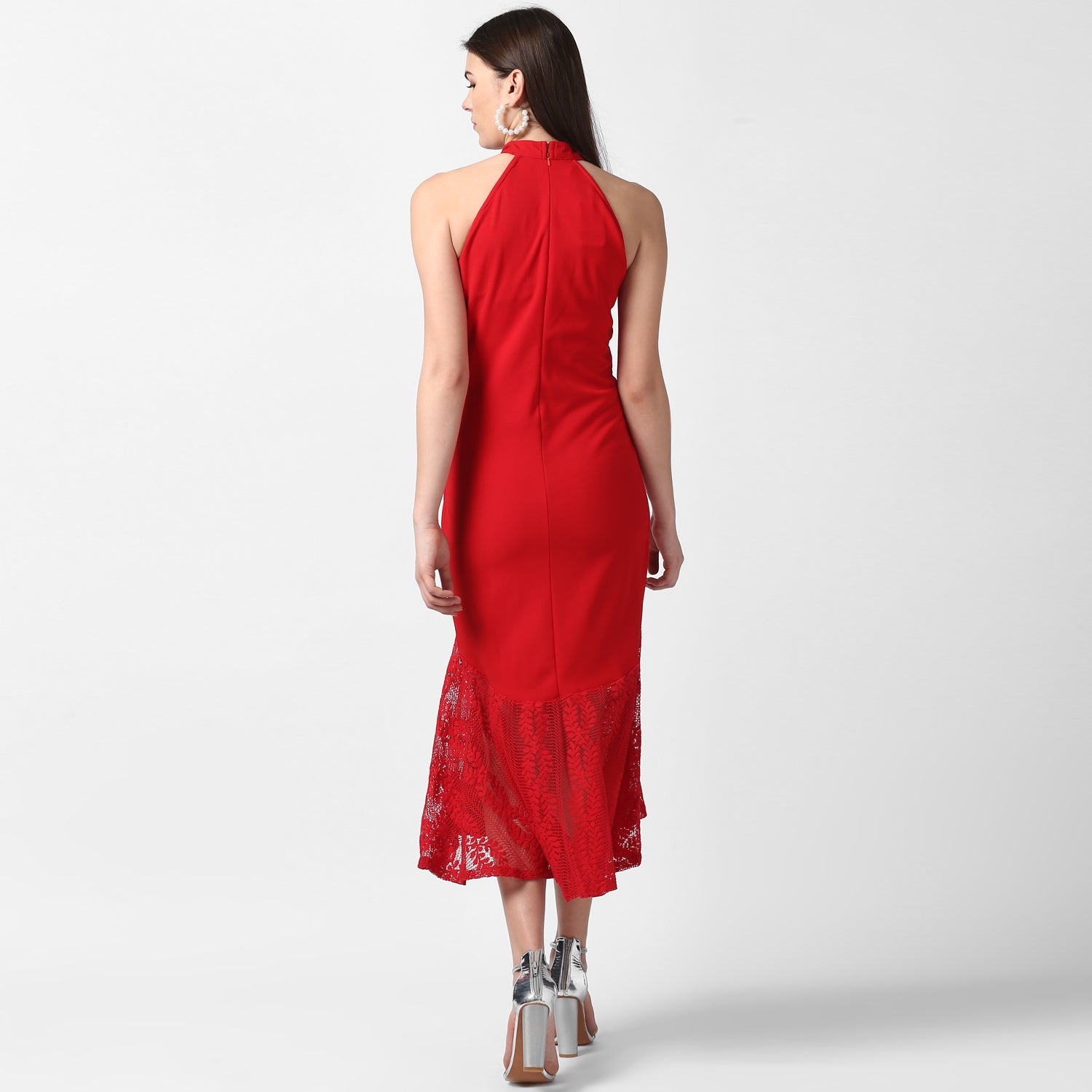 Women's Red Asymmetrical Lace Dress - StyleStone