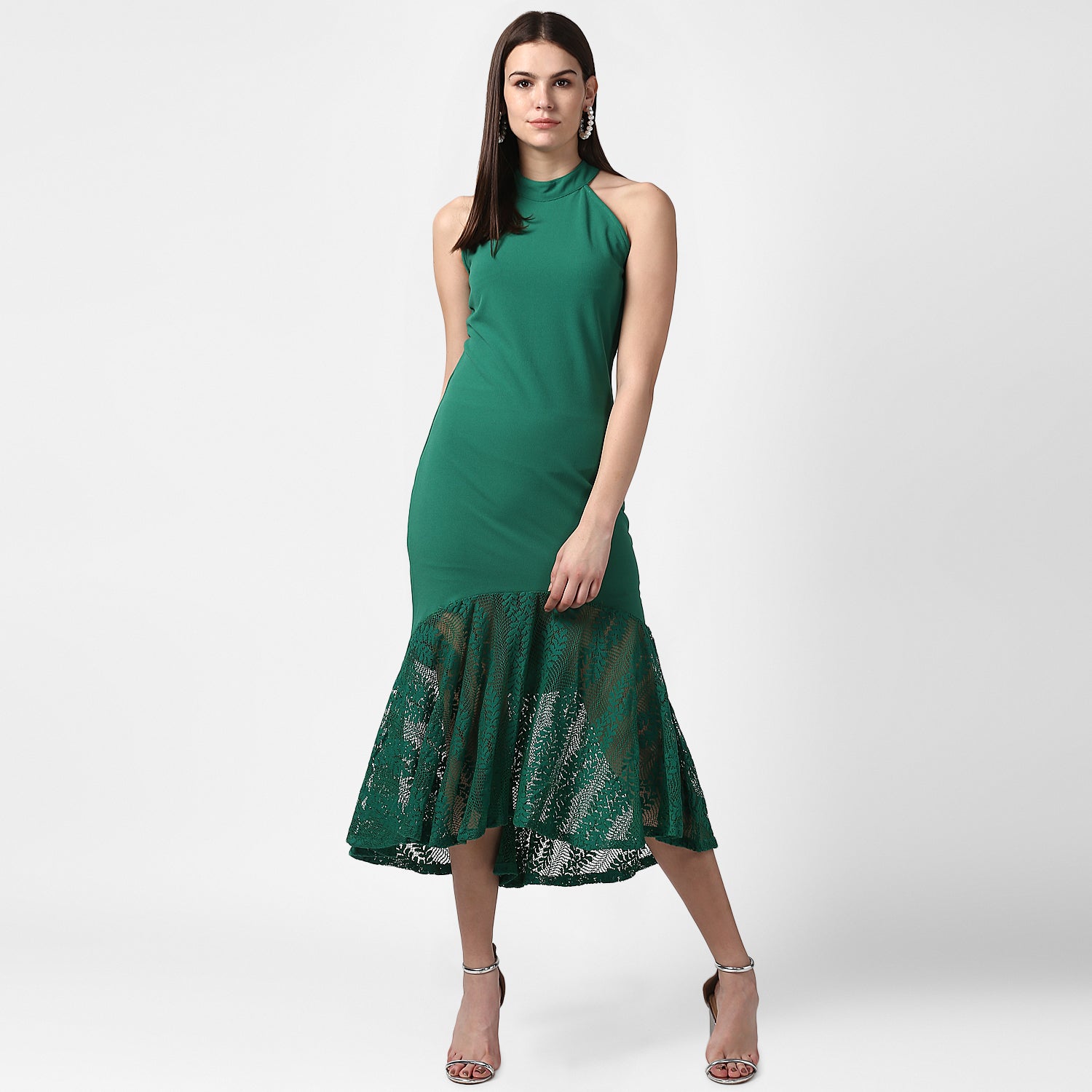 Women's Green Asymmetrical Lace Dress - StyleStone
