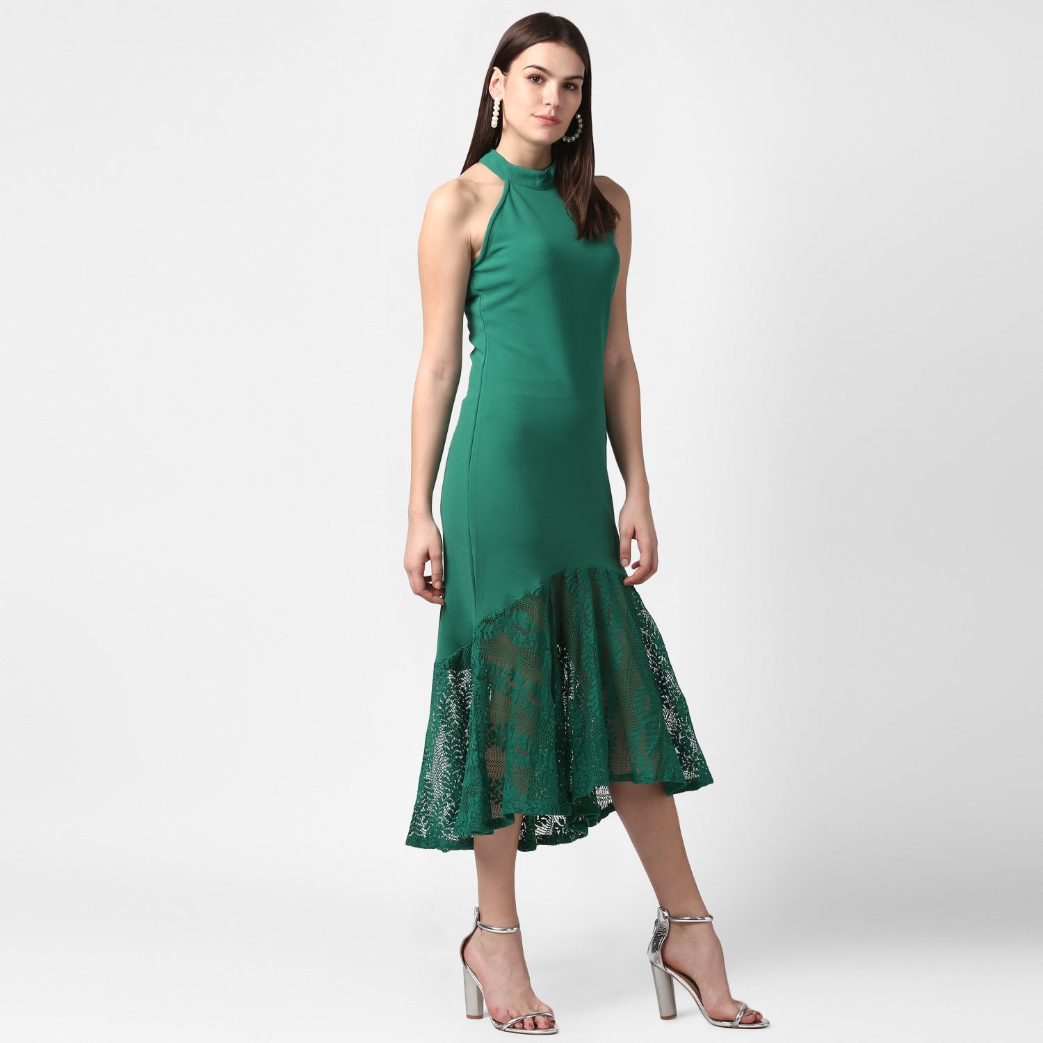Women's Green Asymmetrical Lace Dress - StyleStone
