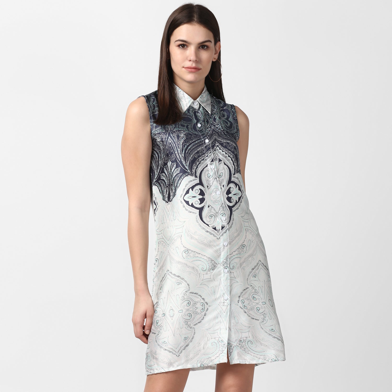Women's Satin Printed Dress with front Buttons - StyleStone