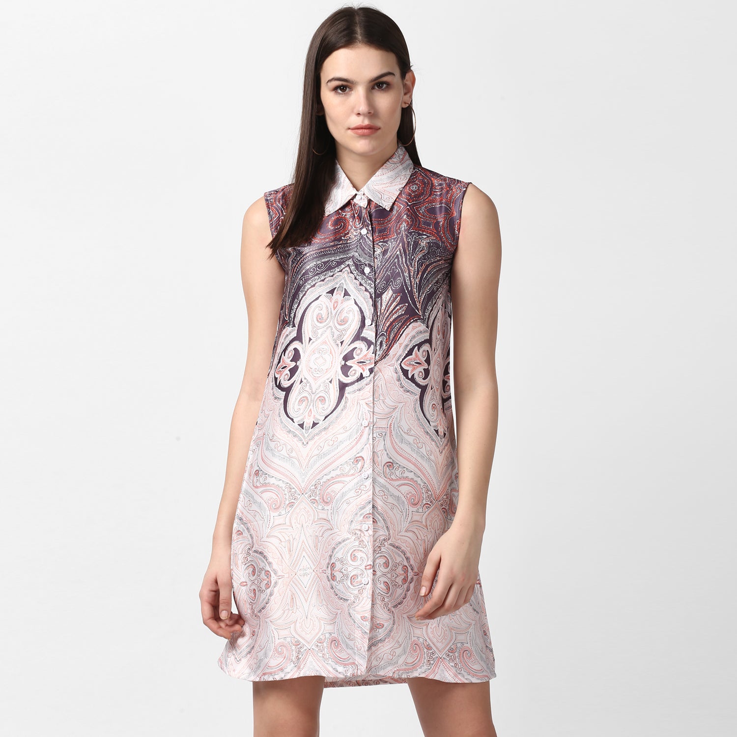 Women's Satin Printed Dress with front Buttons - StyleStone