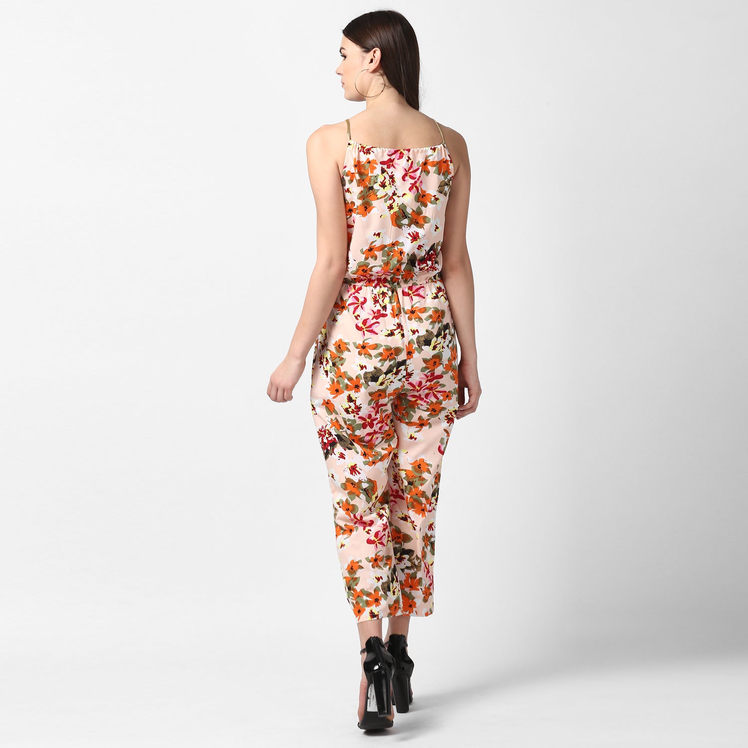 Women's Floral Printed Jumpsuit with Gold Lace Neckstrap - StyleStone