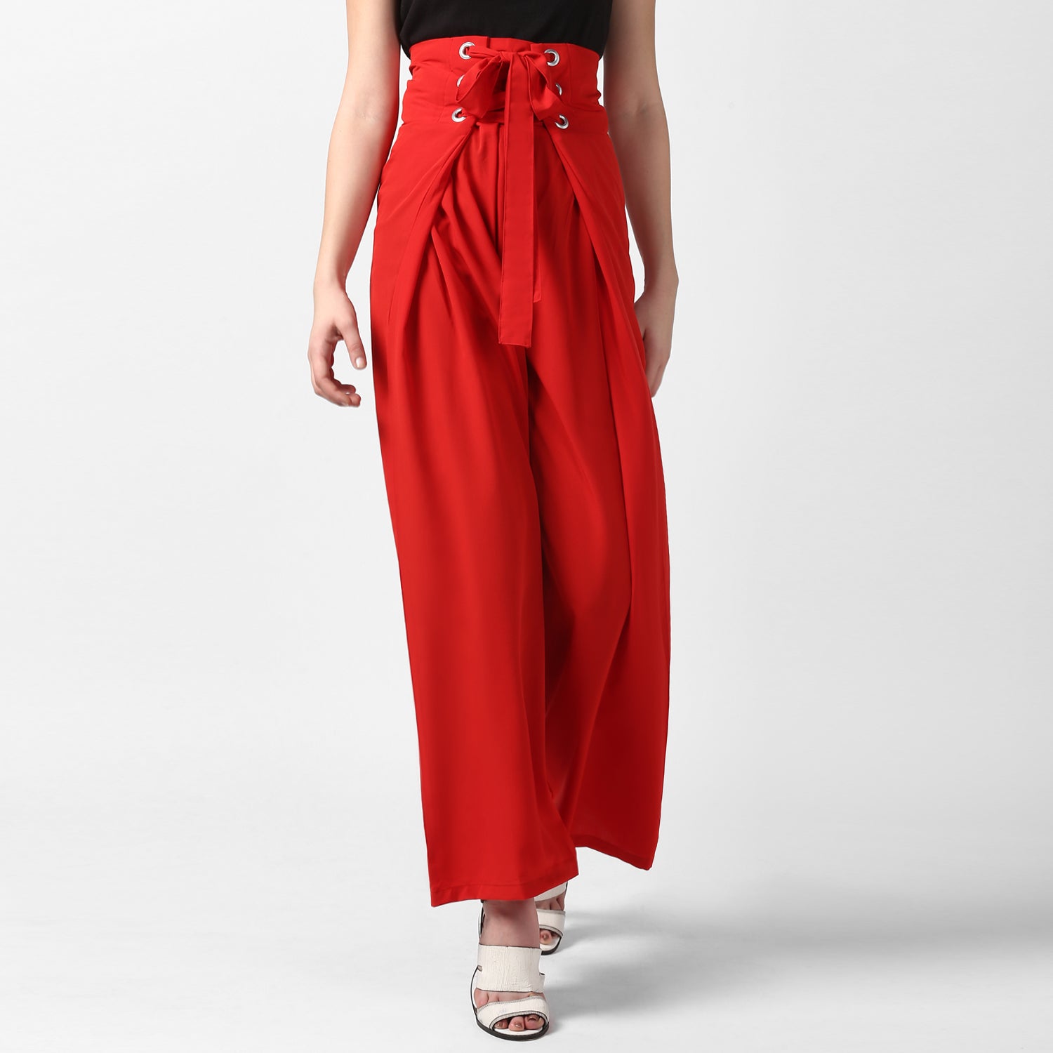 Women's Red Polyester High Waisted Palazzo with front Rivets and Back Elastic - StyleStone