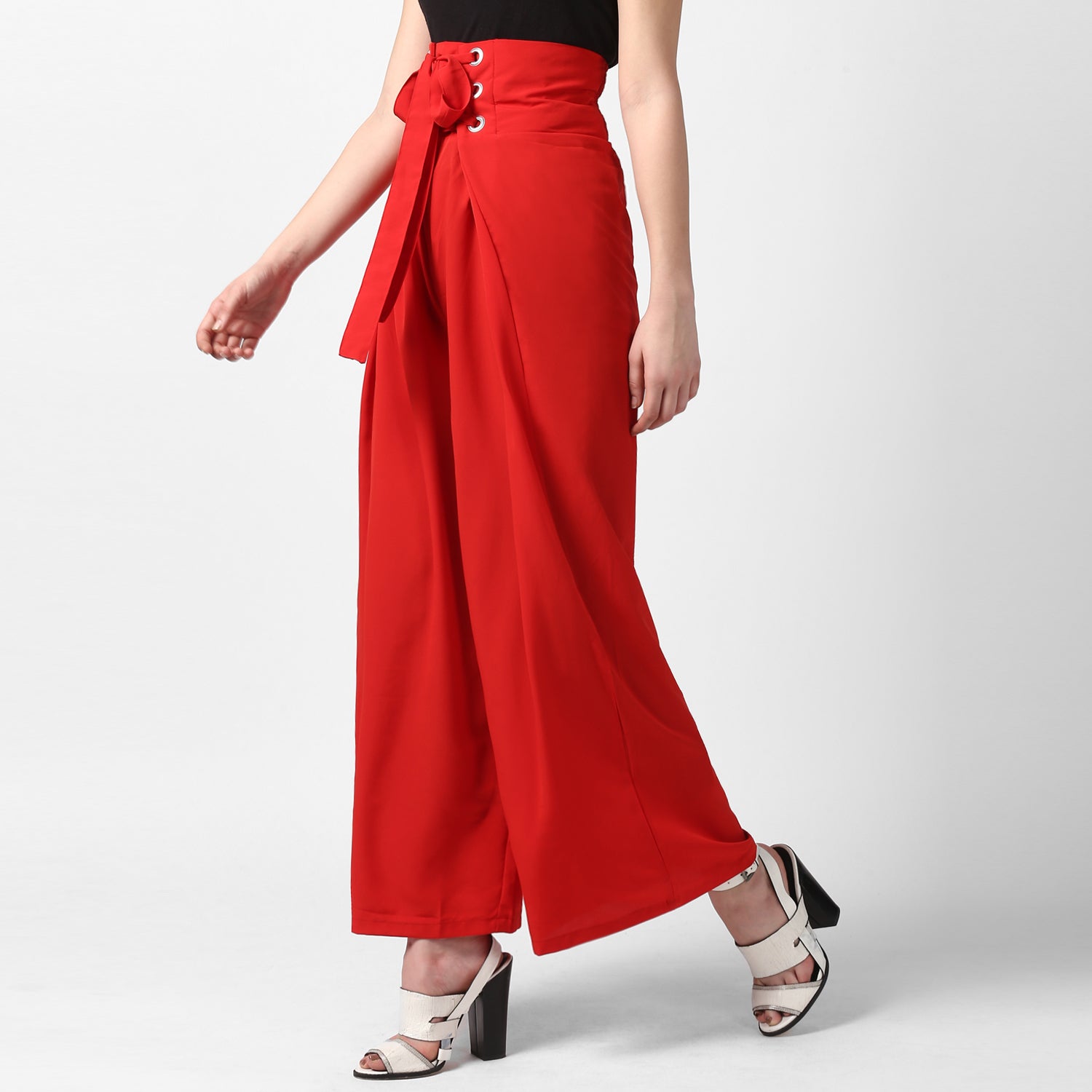 Women's Red Polyester High Waisted Palazzo with front Rivets and Back Elastic - StyleStone
