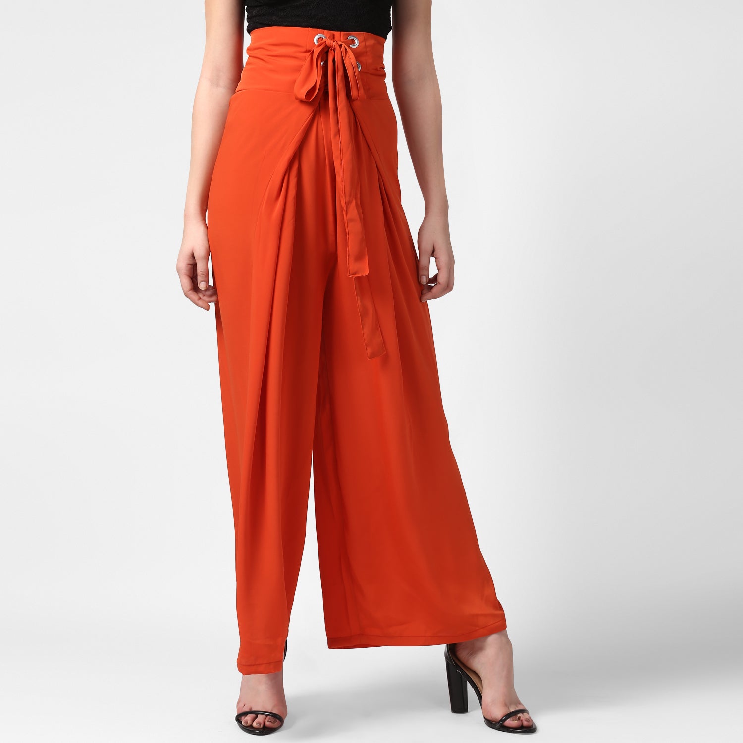 Women's Orange Polyester High Waisted Palazzo with front Rivets and Back Elastic - StyleStone