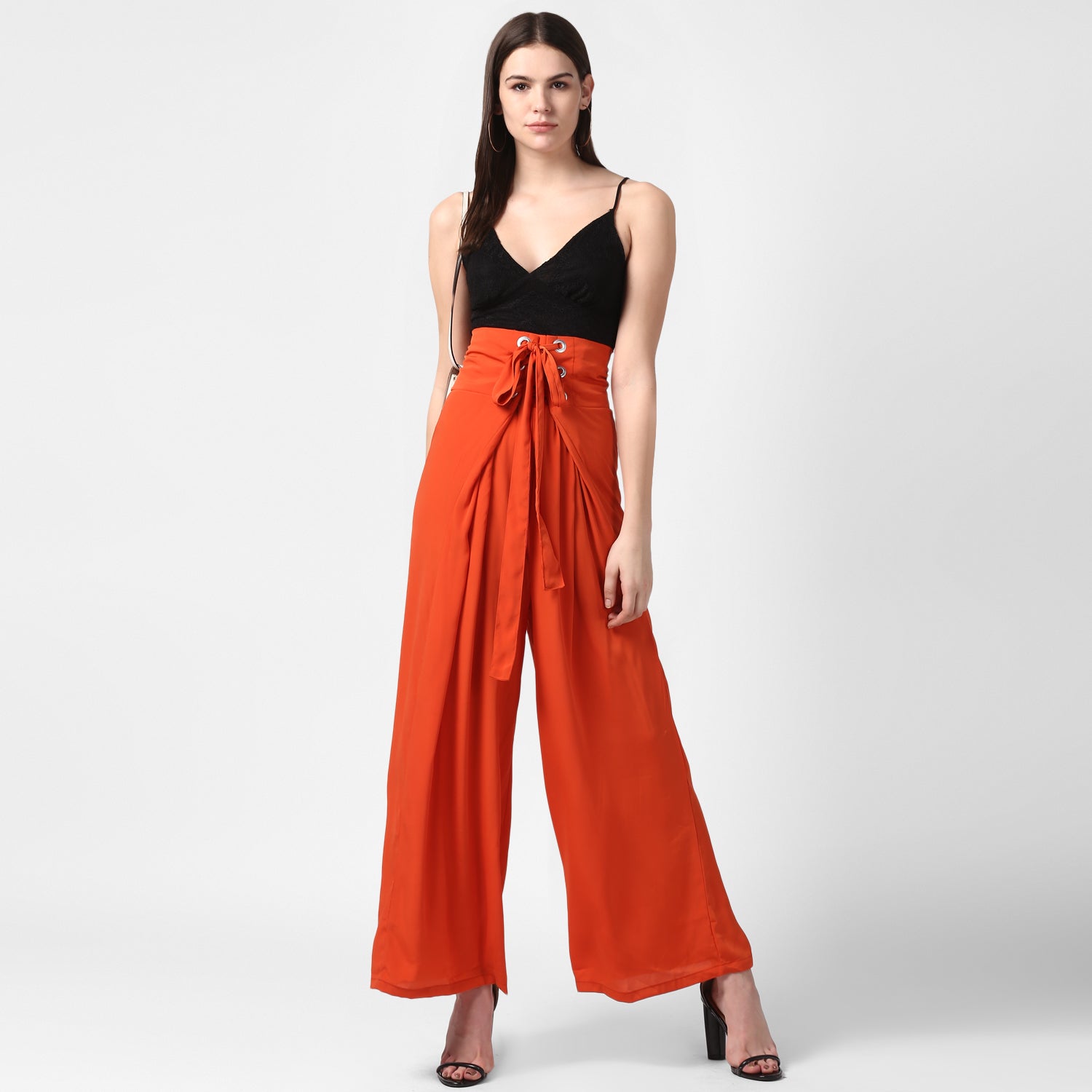 Women's Orange Polyester High Waisted Palazzo with front Rivets and Back Elastic - StyleStone