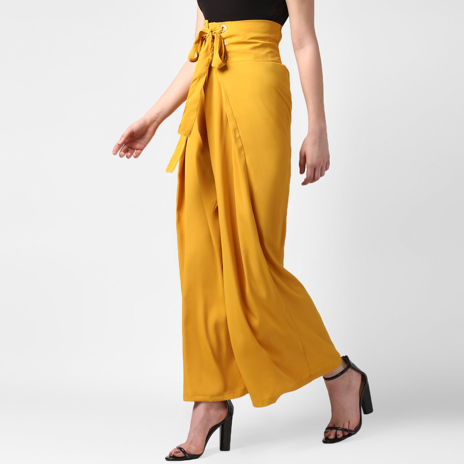 Women's Yellow Polyester High Waisted Palazzo with front Rivets and Back Elastic - StyleStone