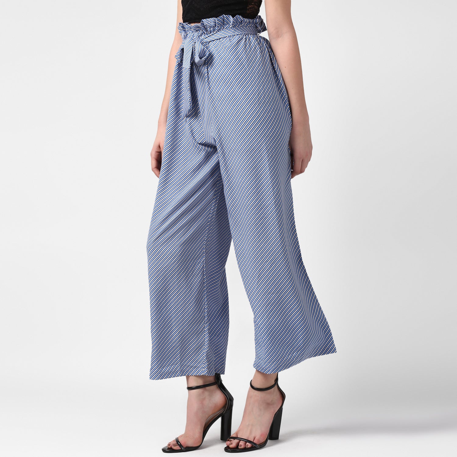 Women's Blue Stripe Paperbag Pants with elasticated waistband - StyleStone