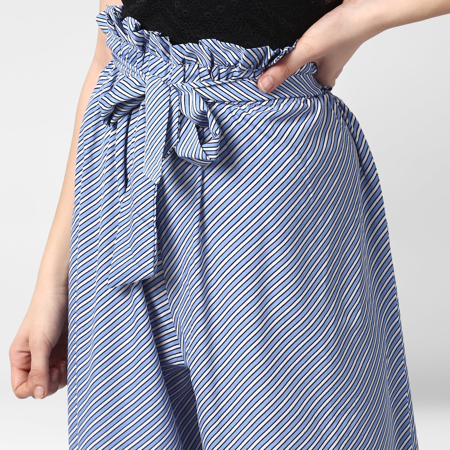 Women's Blue Stripe Paperbag Pants with elasticated waistband - StyleStone