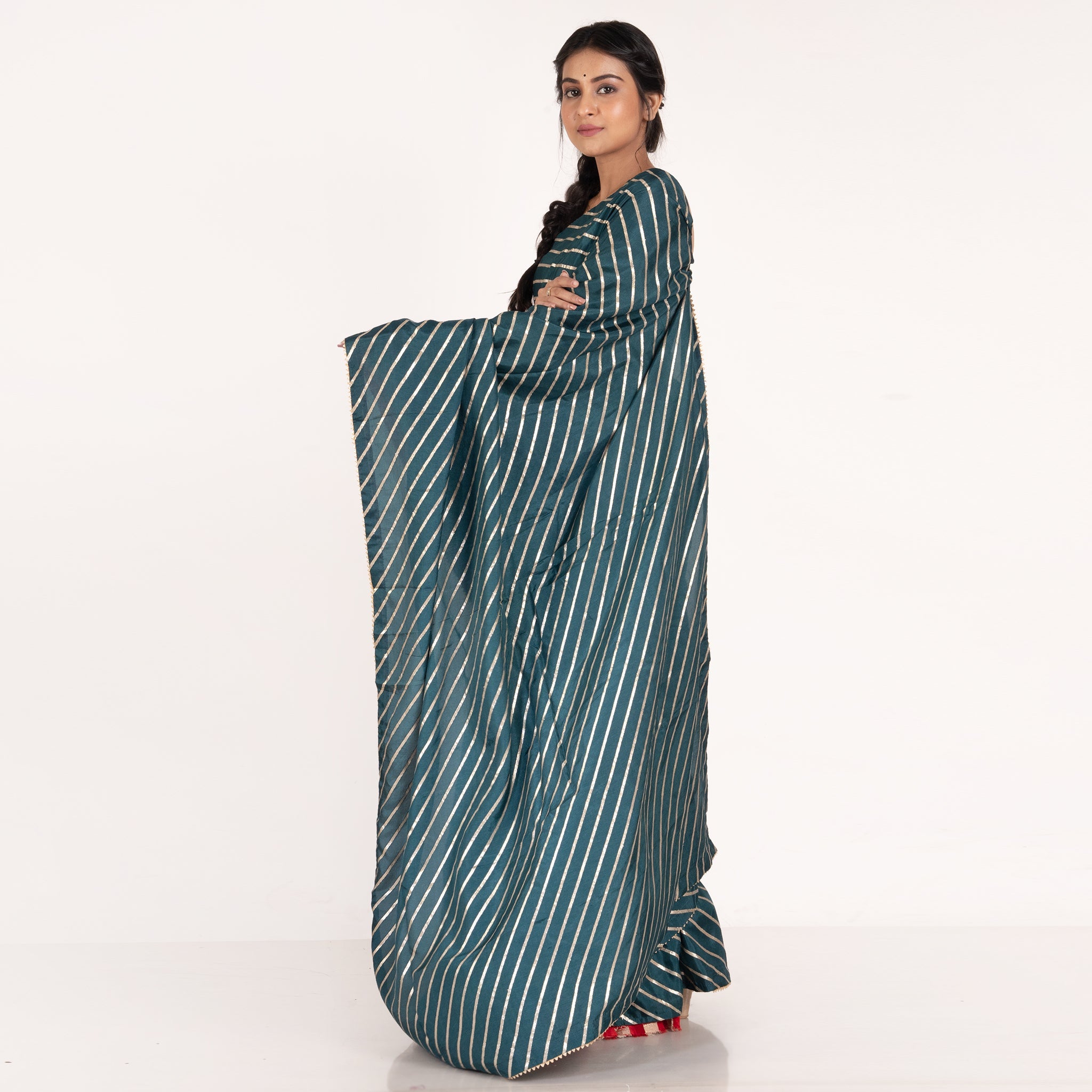 Women's Teal Dola Silk Saree With Diagonal Zari Woven Line With Gota Patti Border - Boveee