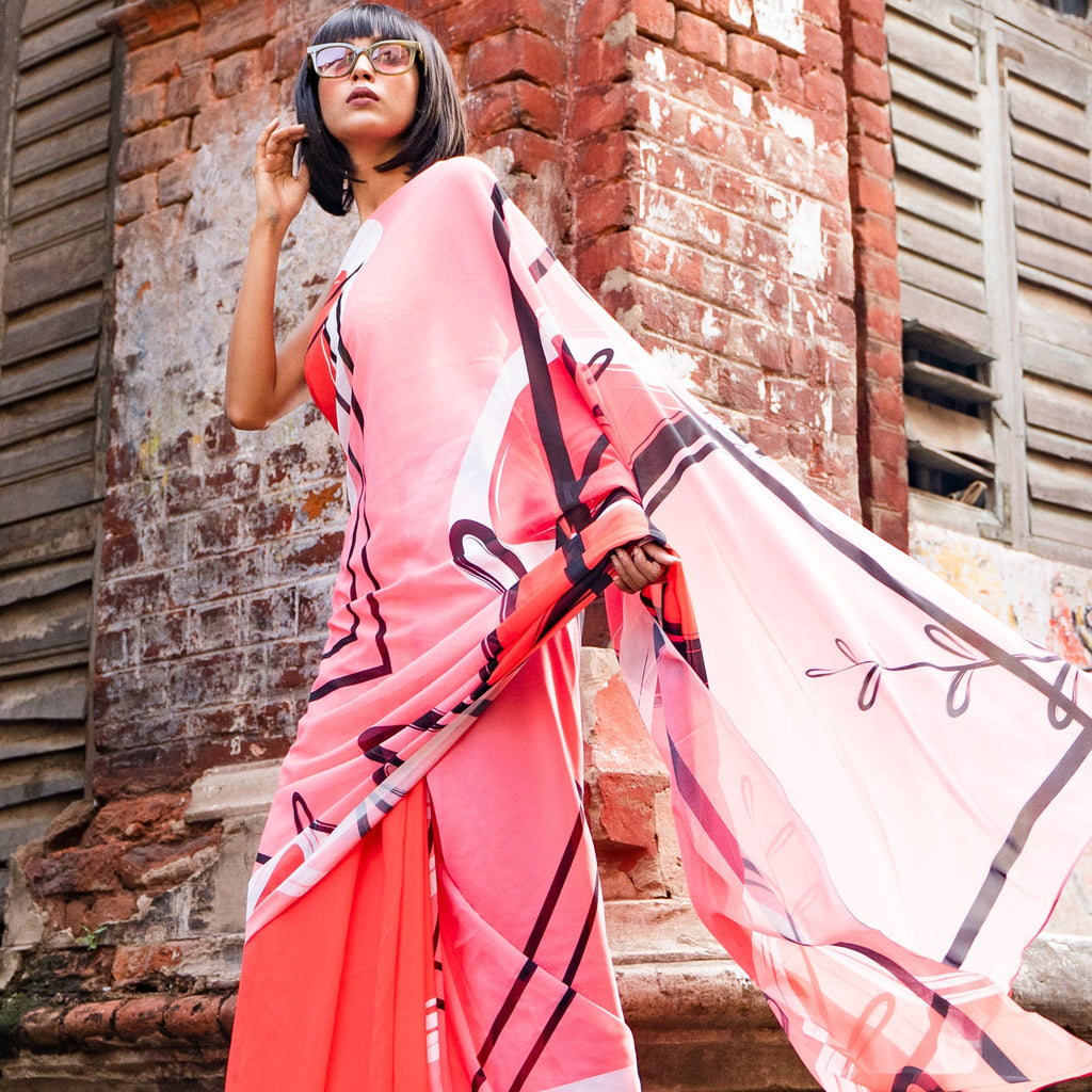 Women's Coral Fragment Digital Printed Satin Georgette Saree