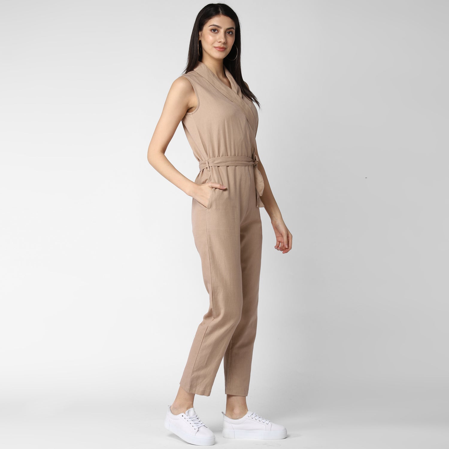 Women's Cotton Linen Beige Jumpsuit - StyleStone