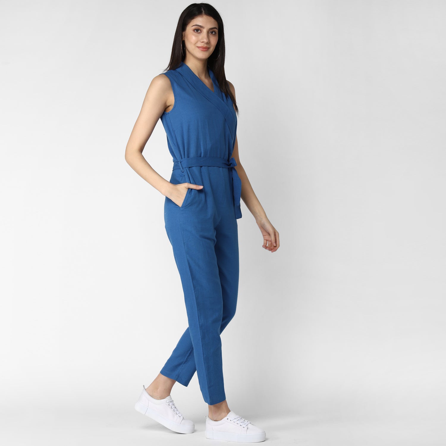 Women's Cotton Linen Blue Jumpsuit - StyleStone