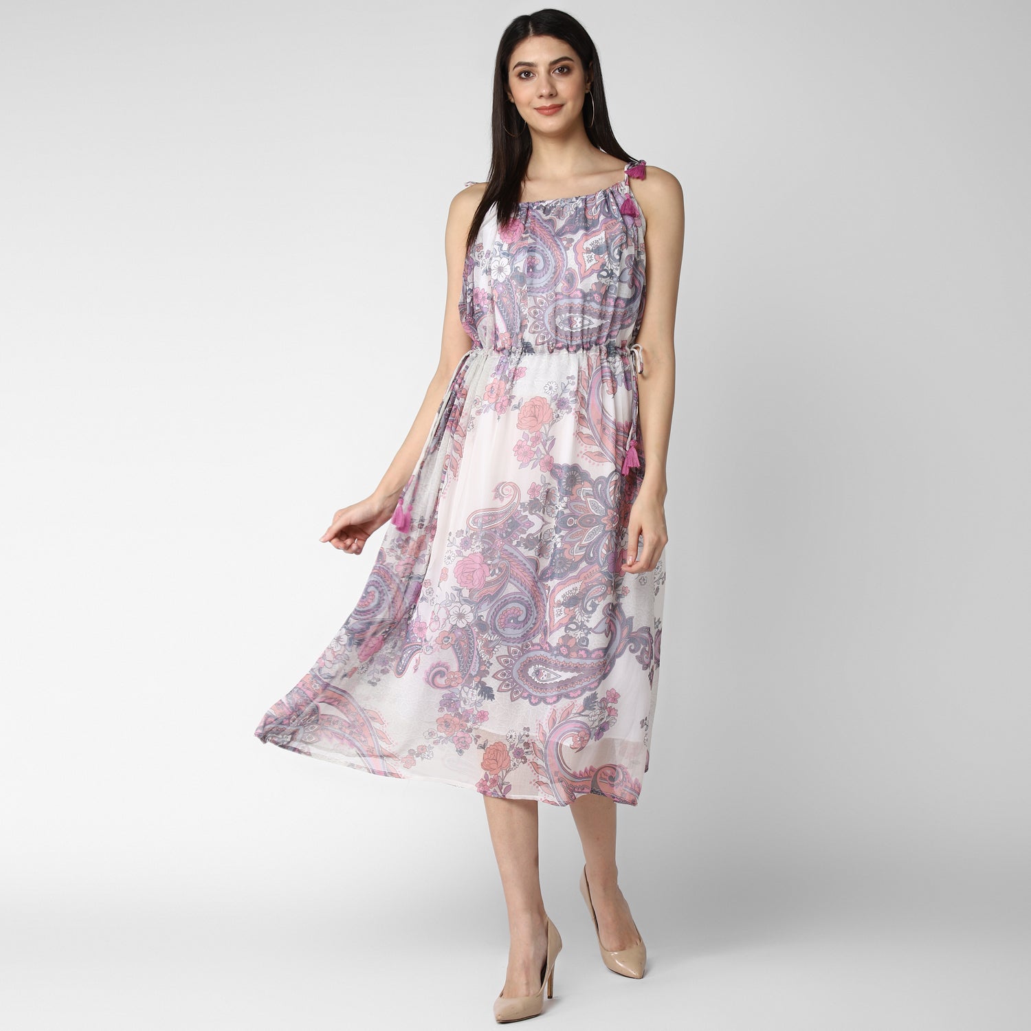 Women's Pink and Lavender Chiffon Tieup Dress - StyleStone