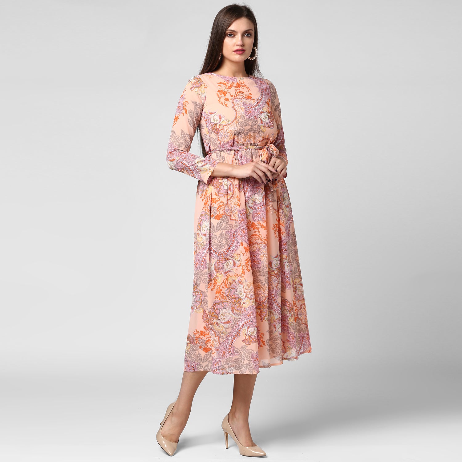 Women's Peach Georgette Dress - StyleStone