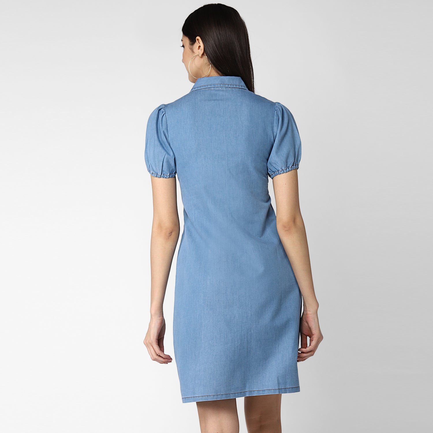 Women's Denim Dress with Puff Sleeves - StyleStone
