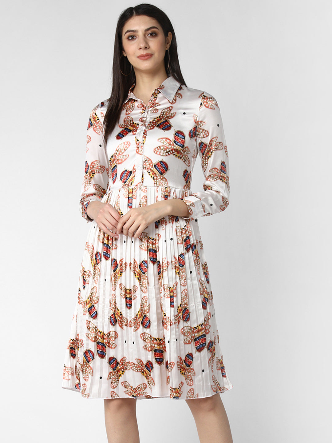 Women's White Satin Pleated Dress - StyleStone