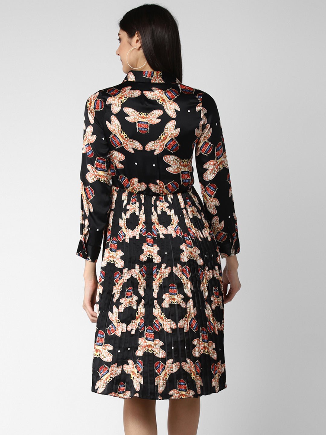 Women's Black Satin Pleated Dress - StyleStone