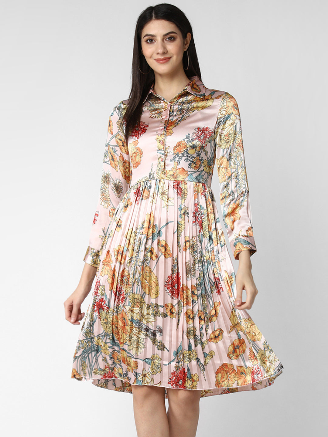 Women's Peach Satin Pleated Dress - StyleStone