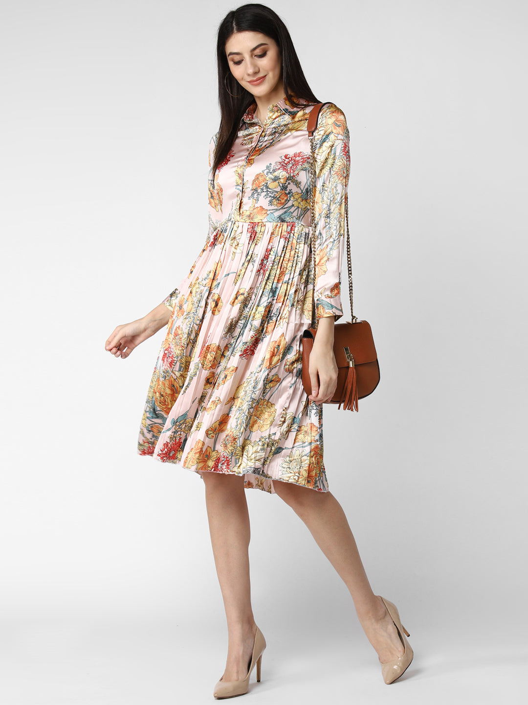 Women's Peach Satin Pleated Dress - StyleStone