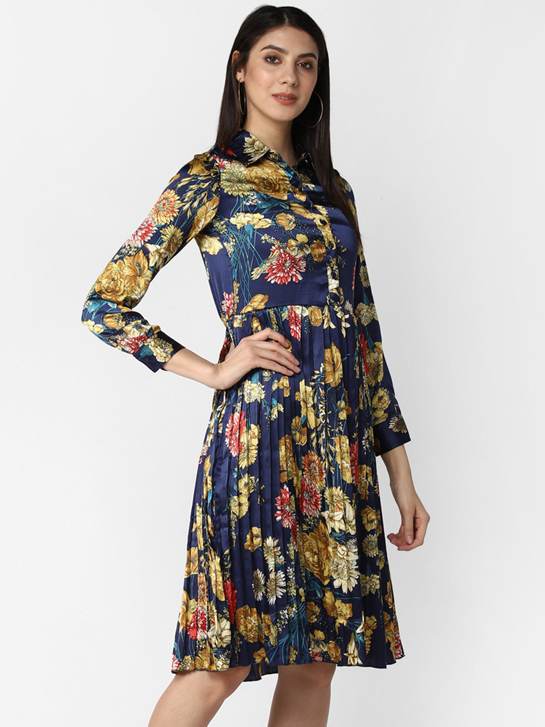 Women's Blue Satin Pleated Dress - StyleStone