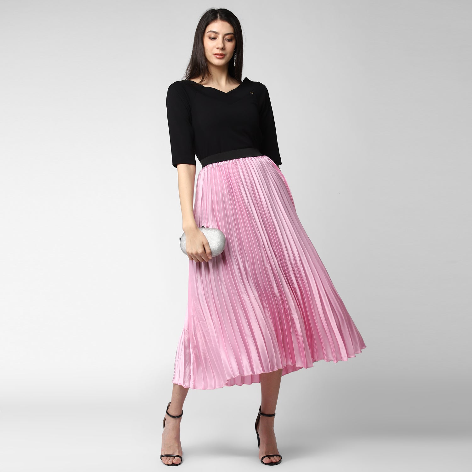 Women's Pink Satin Pleated Skirt - StyleStone