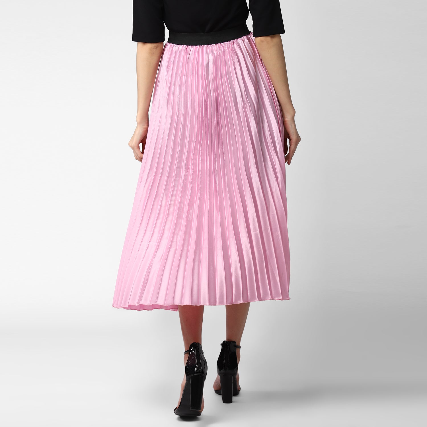 Women's Pink Satin Pleated Skirt - StyleStone