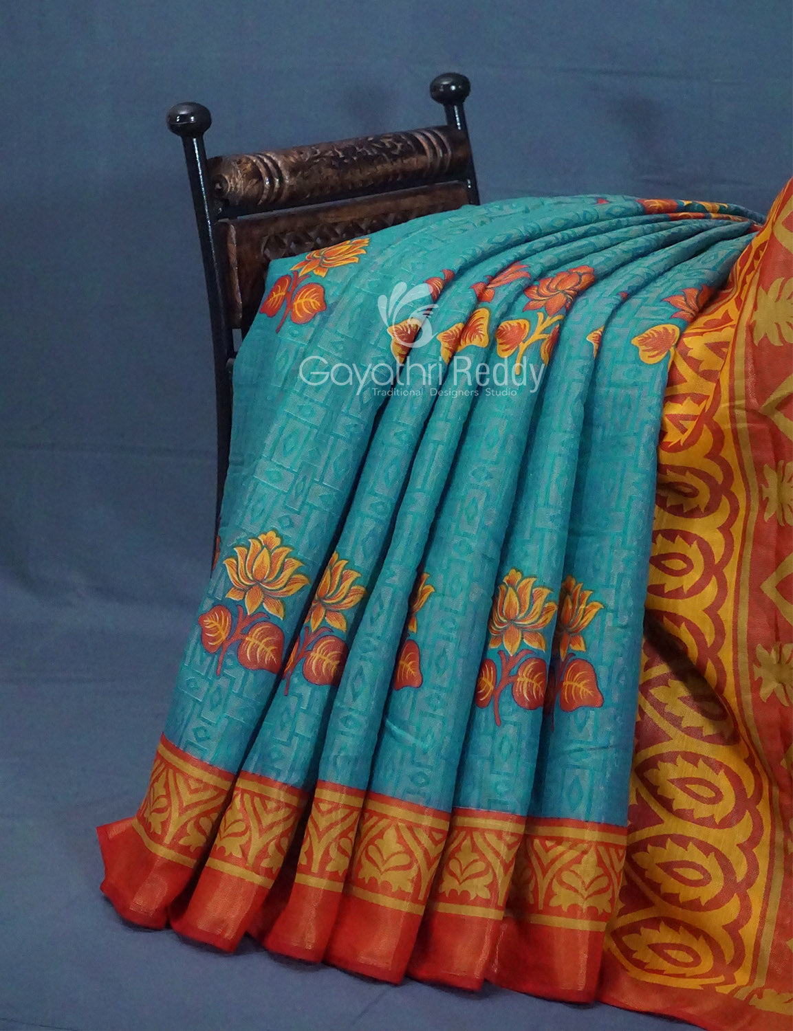 Women's Turquoise Cotton Brasso Saree - Gayathri Sarees