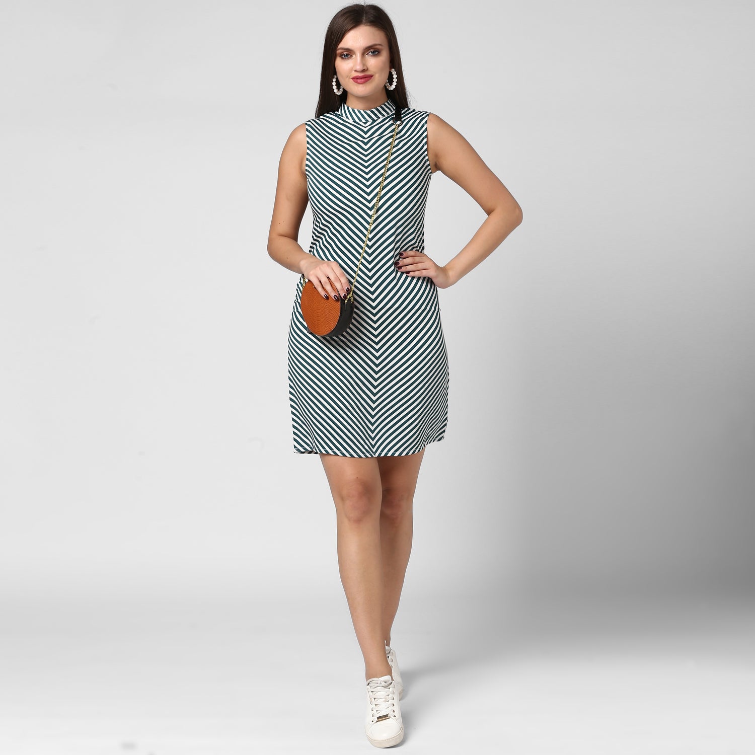 Women's Polyester Green Stripe Dress - StyleStone