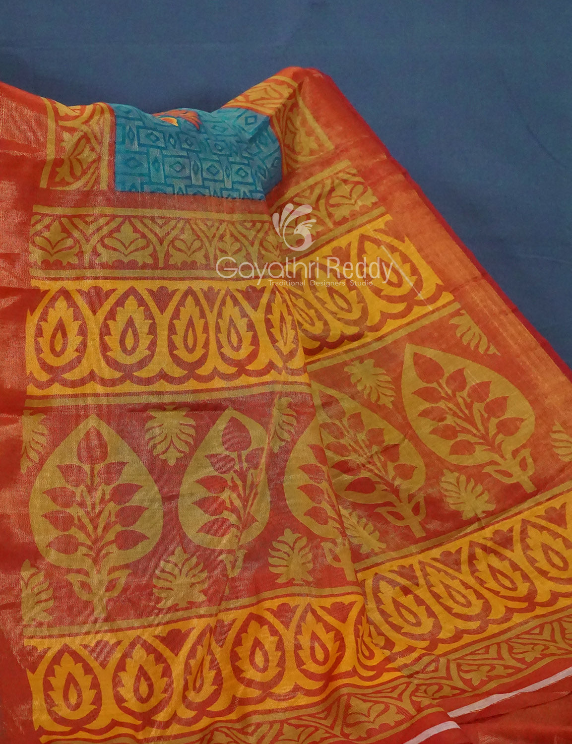 Women's Turquoise Cotton Brasso Saree - Gayathri Sarees