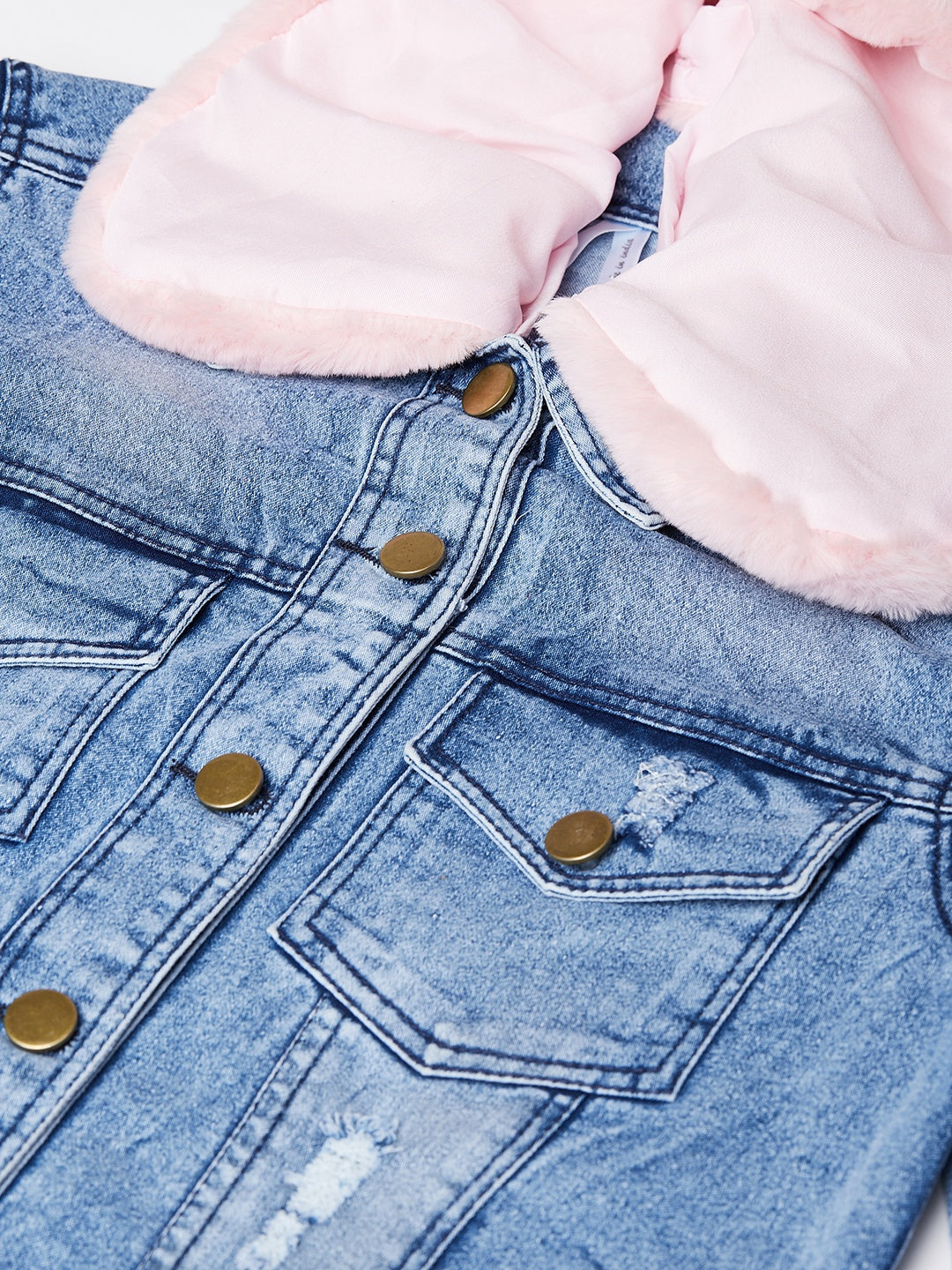Women's Distressed Denim Jacket with Detachable Pink Fur Collar - StyleStone