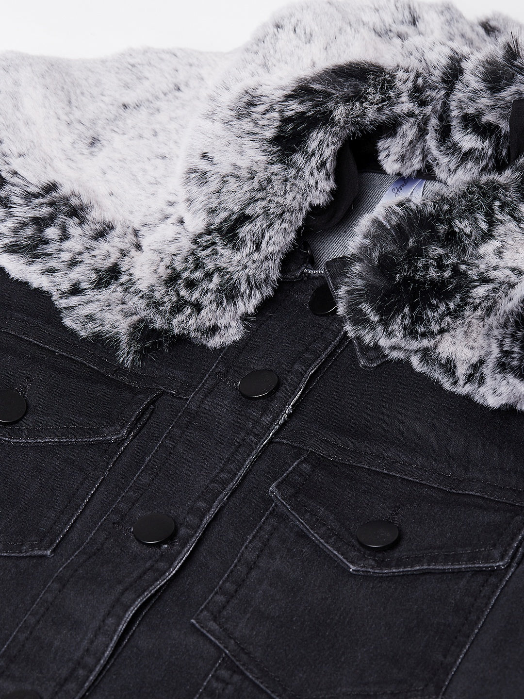 Women's Black Denim Jacket with Detachable Grey Collar - StyleStone