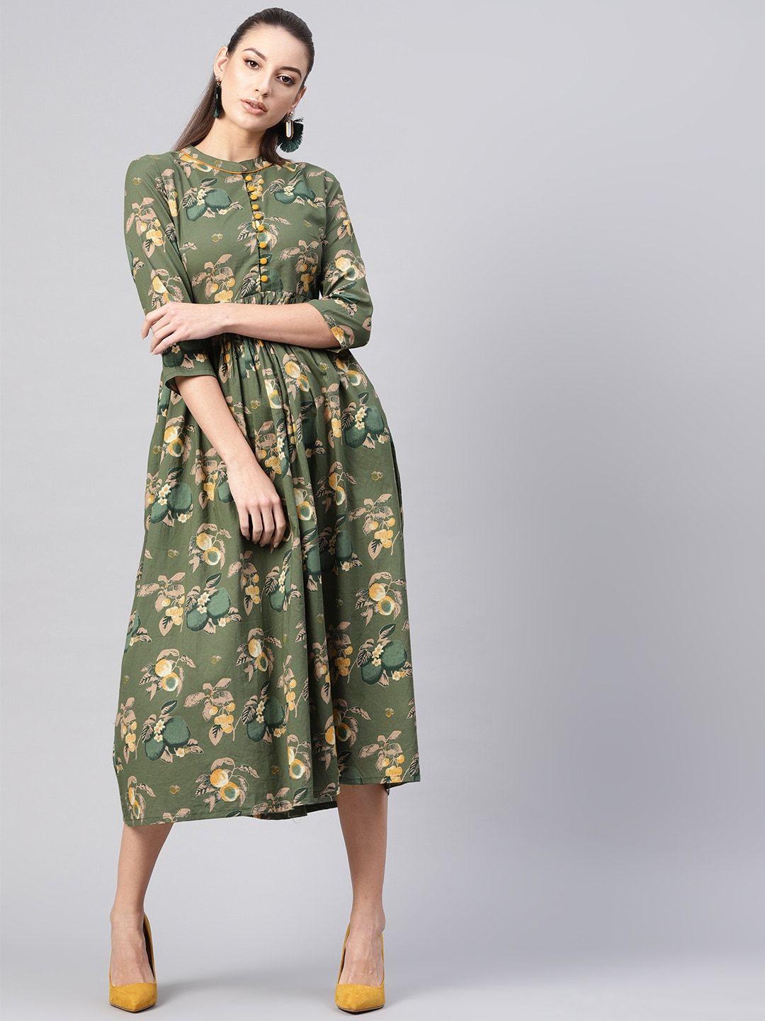 Women's  Olive Green & Beige Floral Printed Midi A-Line Dress - AKS