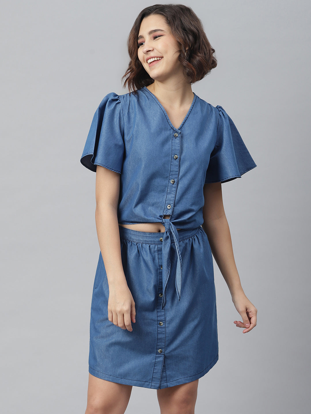 Women's Blue Denim Tie Knot Top and attached Skirt Dress - StyleStone