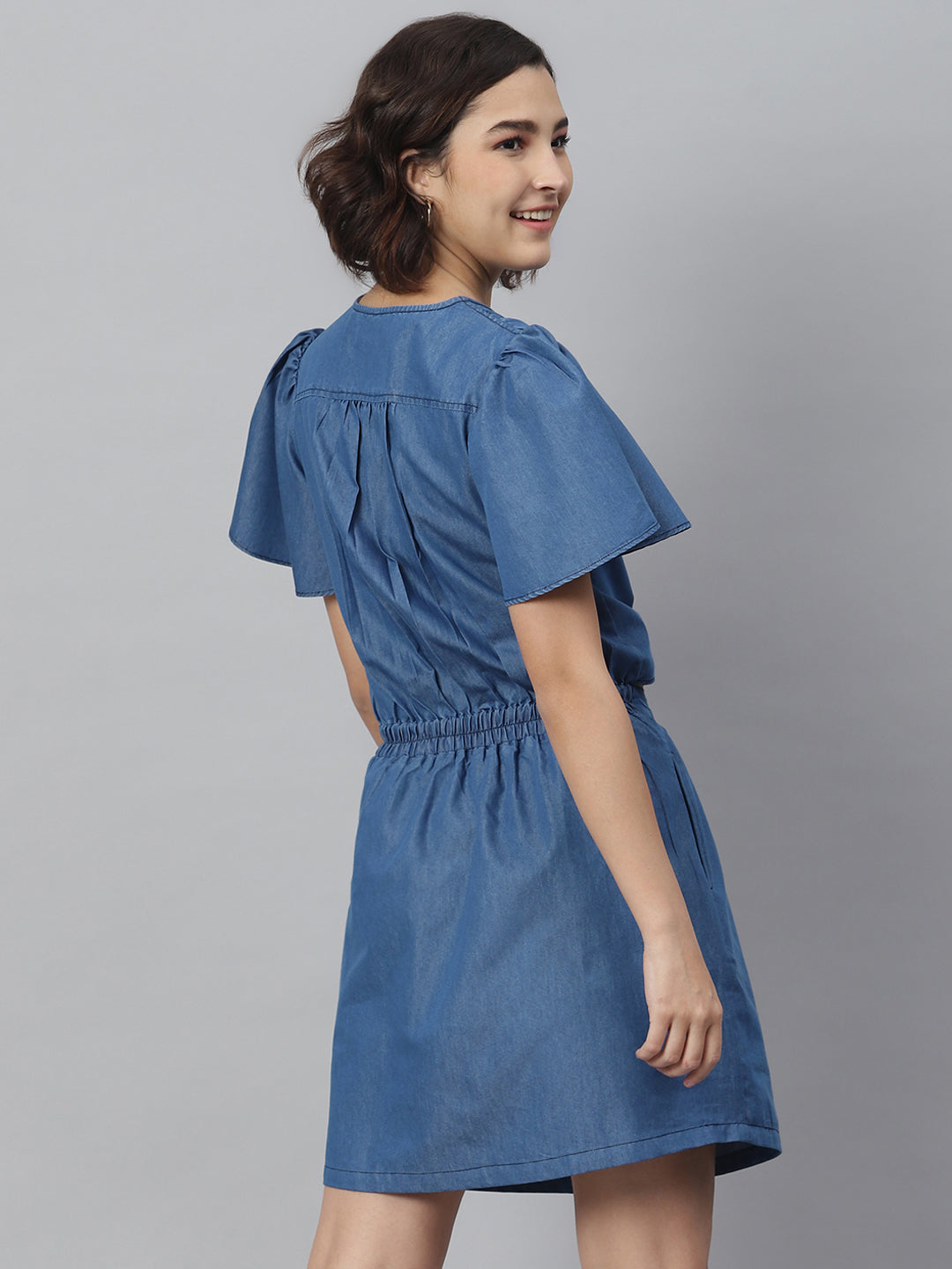 Women's Blue Denim Tie Knot Top and attached Skirt Dress - StyleStone