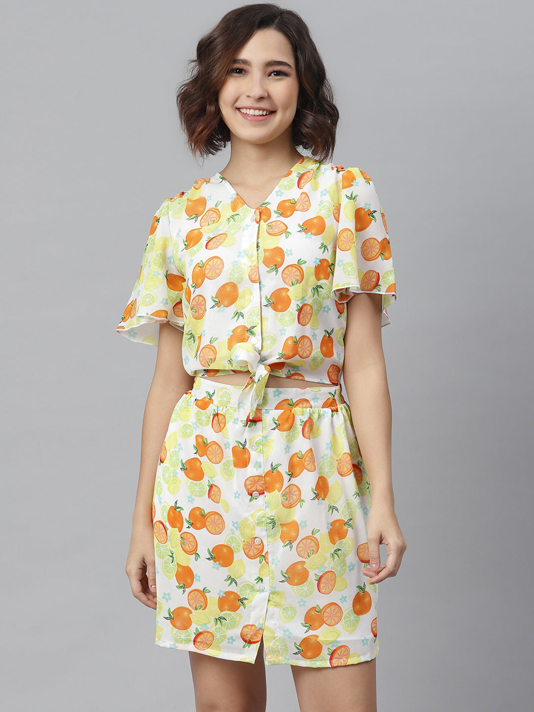 Women's Lemon Orange PrintedTie Knot Top and attached Skirt Dress - StyleStone