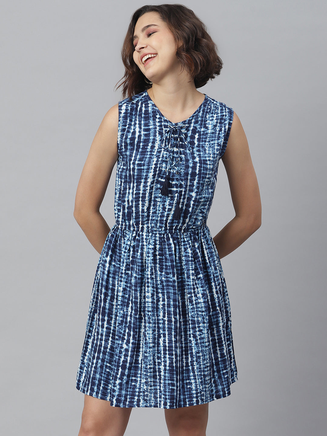 Women's Blue Tie & Dye Printed Dress - StyleStone