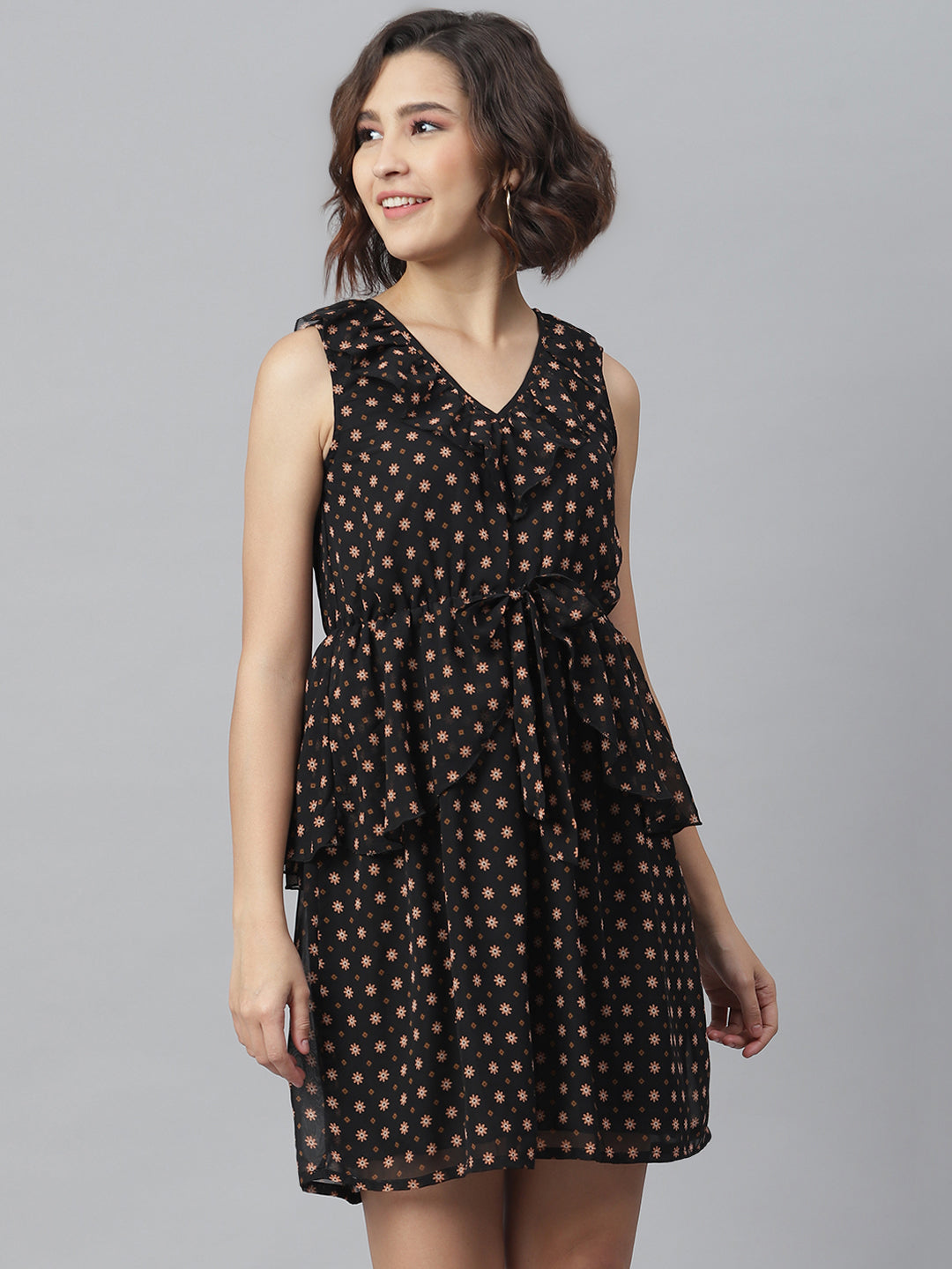 Women's Black Printed Peplum Style Dress - StyleStone